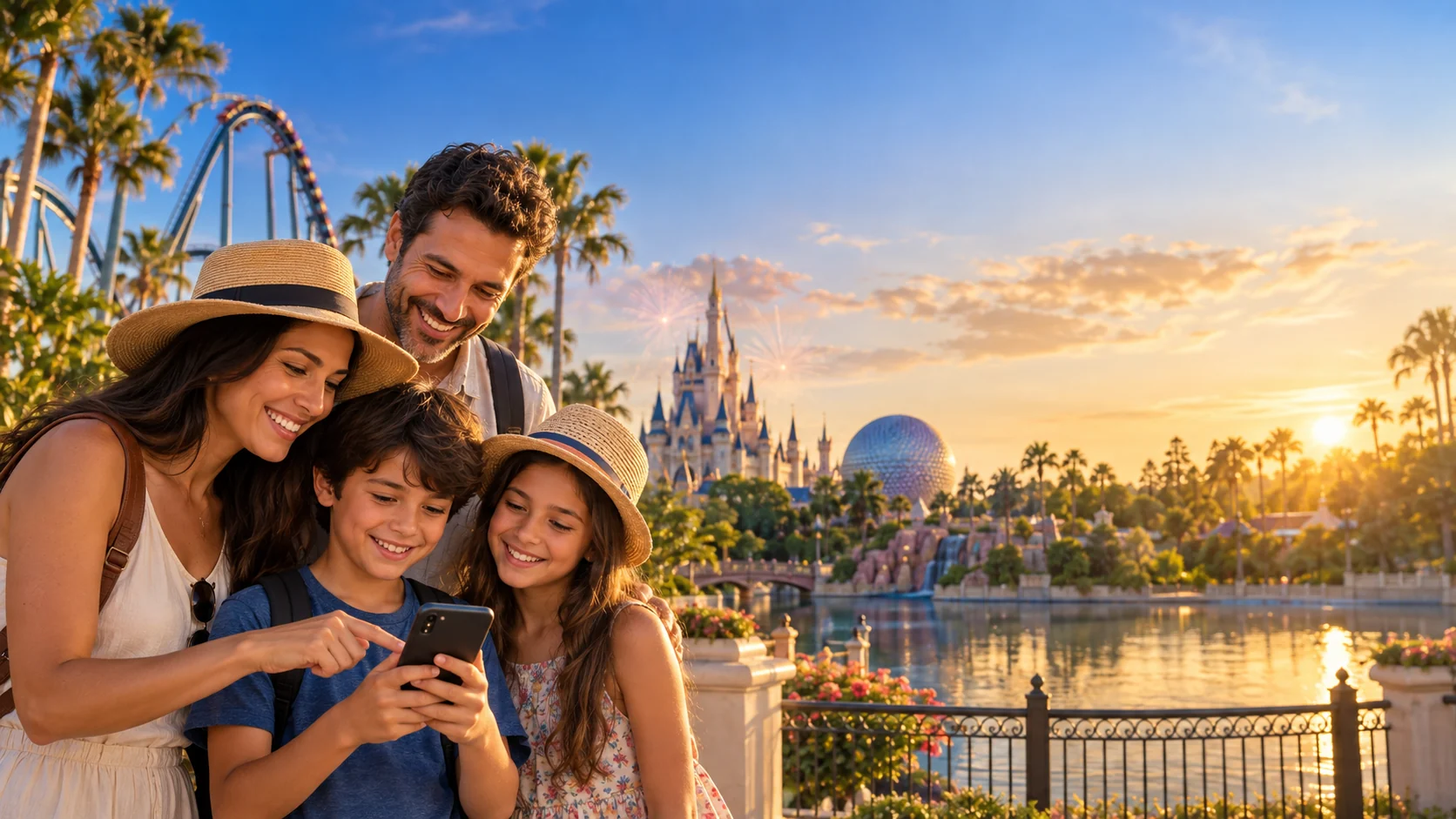 Família usando o celular para seguir um roteiro personalizado em Orlando